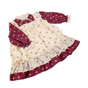 70's Apron Dress Red Cream Lace Ruffles Floral Long Sleeve